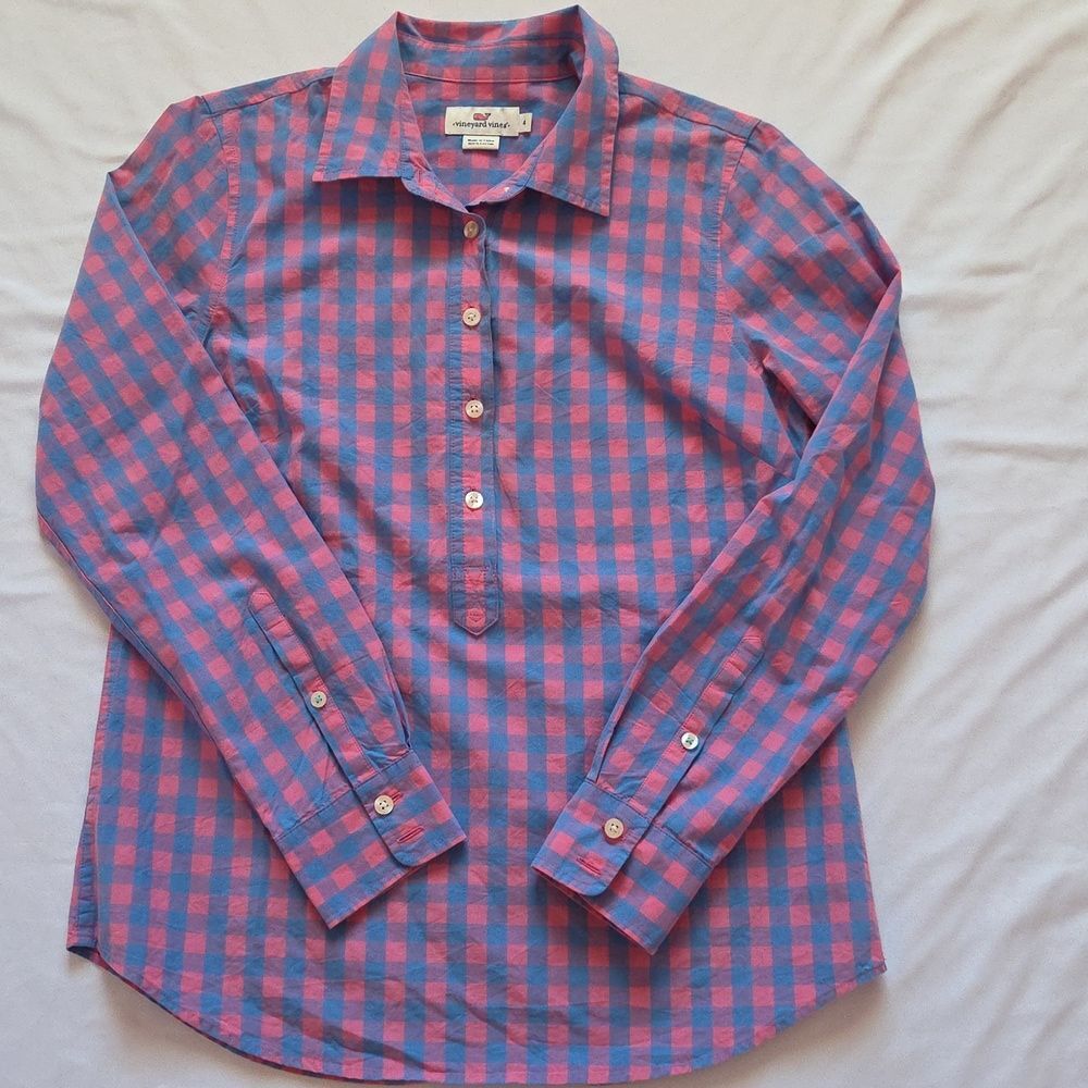 Vinyard Vines Pink And Blue Three Color Button Up Shirt Gingham Size 4 Womens